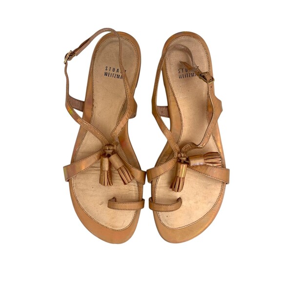 Stuart‎ Weitzman Flapper Holographic sandals Size 8 Tassel Metallic Rose Gold - Picture 1 of 11